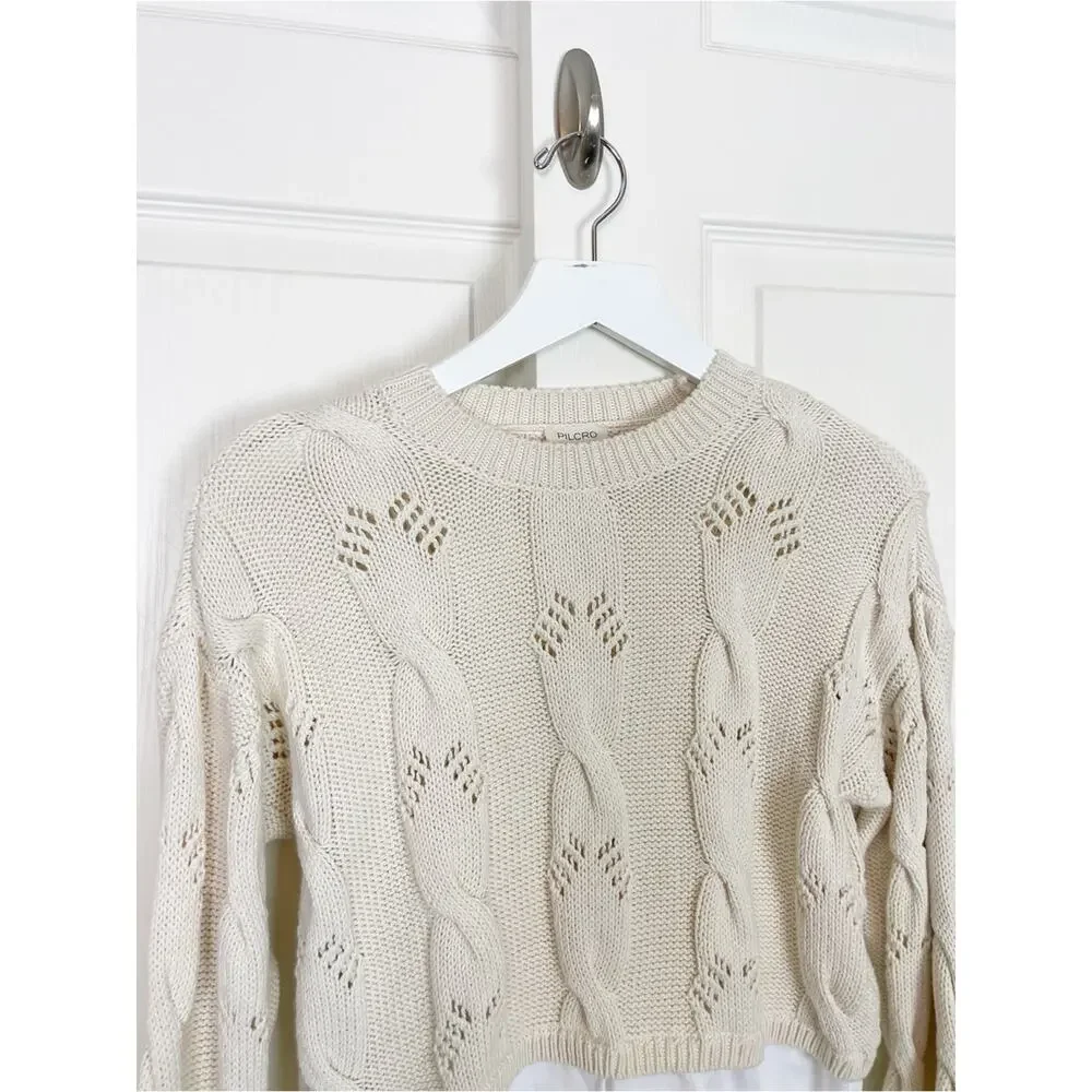 Anthropologie Pilcro Cable Knit Layered Two-Fer Sweater White Blouse Sz XXS